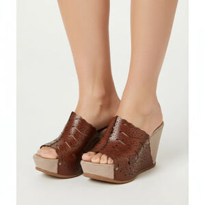 NAPOLEONI women platform wedge sandals mules brown leather Sz 38